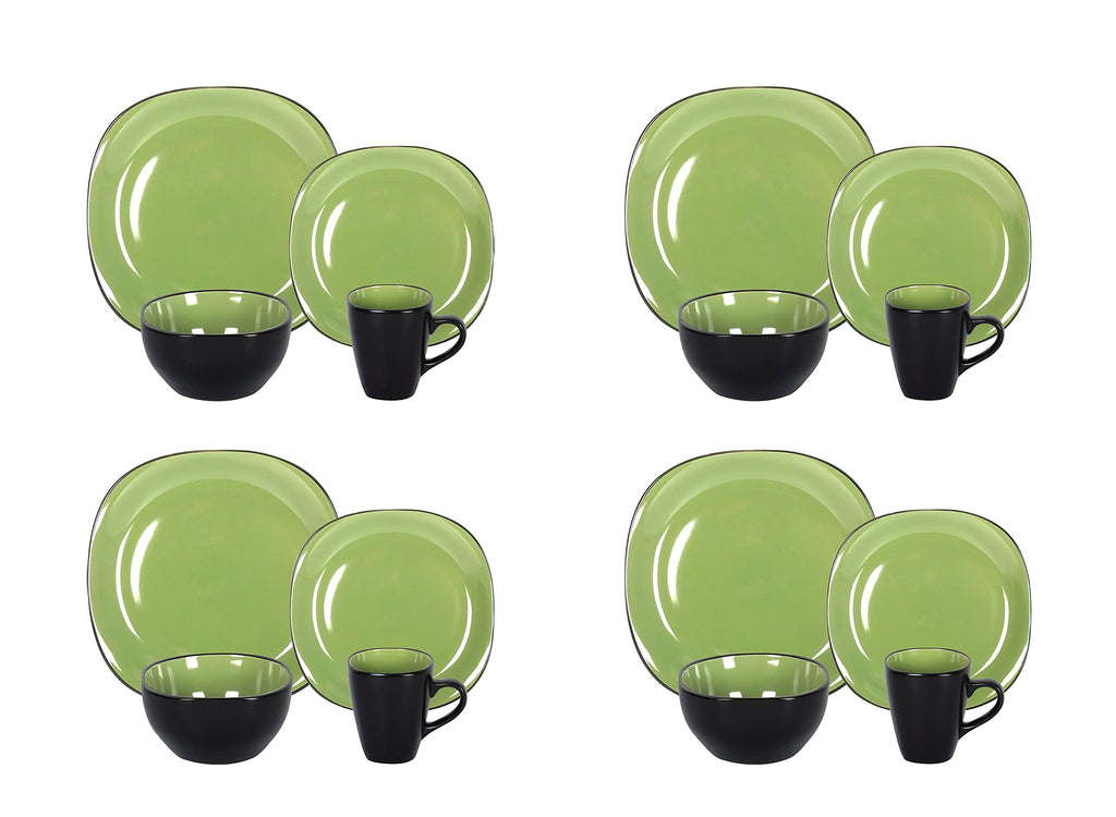 Stoneware Square 16pc Dinnerware Set, Inside Siny Green and Outside Matte Black