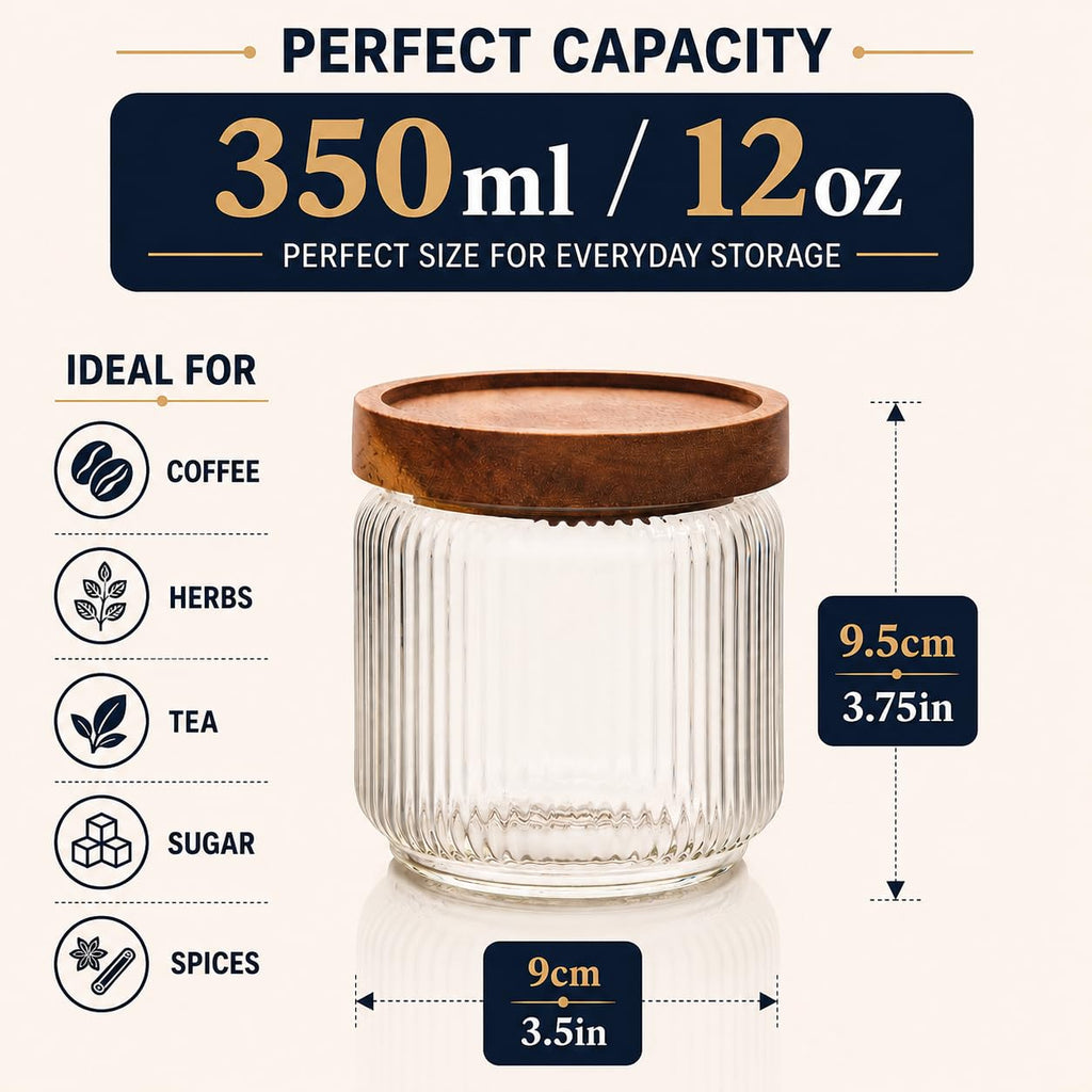 12 fl oz, 350ml Glass Food Storage Jars with Wood Lids (6pcs) - Stylish Ribbed Pattern Organization and Storage