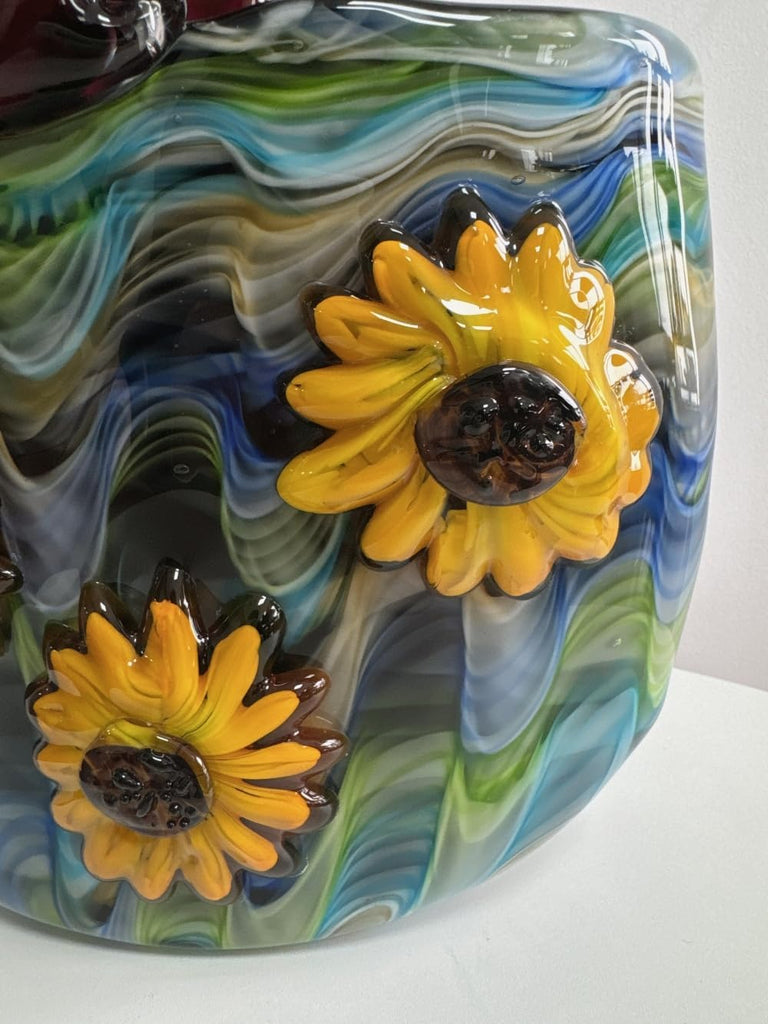 Hand Blown Art Glass Vase Sunflower - 13.4" Murano Style Colorful Sculpture, Unique Bag Design Centerpiece for Table