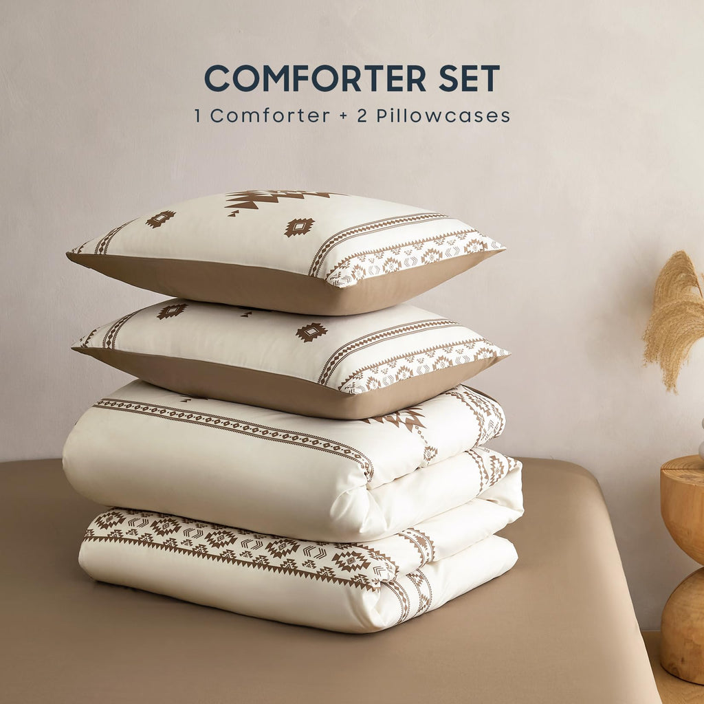 Western Comforter Set, Boho Southwestern Farmhouse Style with Aztec Diamond Geometric Pattern, Soft Lightweight
