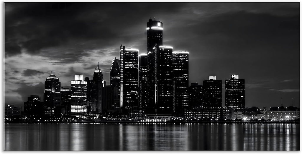 Detroit Skyline Canvas Wall Art Cityscape Night Scene Black & White City Art Print on Canvas Modern Giclee Framed