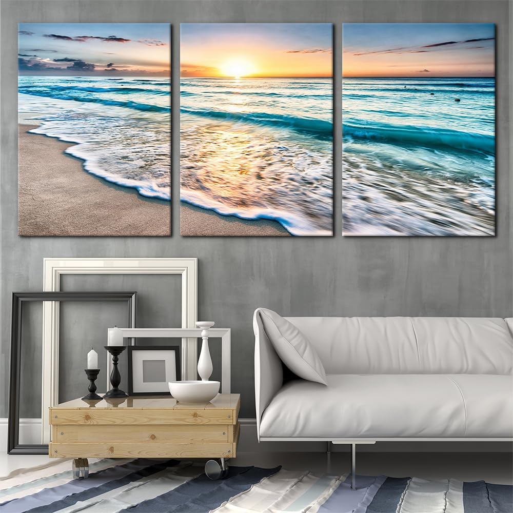 3 Panels Beach Canvas Wall Art Decor Blue Sea Sunset White Beach Painting The Picture Print on Canvas Seascape The