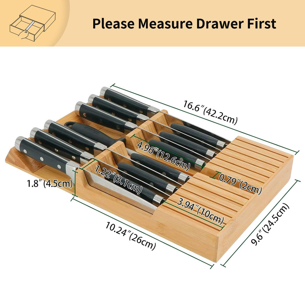 In-Drawer Knife Block Bamboo Drawer Organizer, 12 Knives Holder