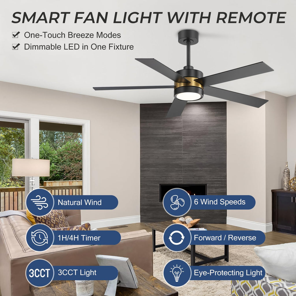 Ceiling Fan with Light, 52 Inch Modern Industrial Ceiling Fan with Reversible DC Motor, Downrod Mount Black and Gold