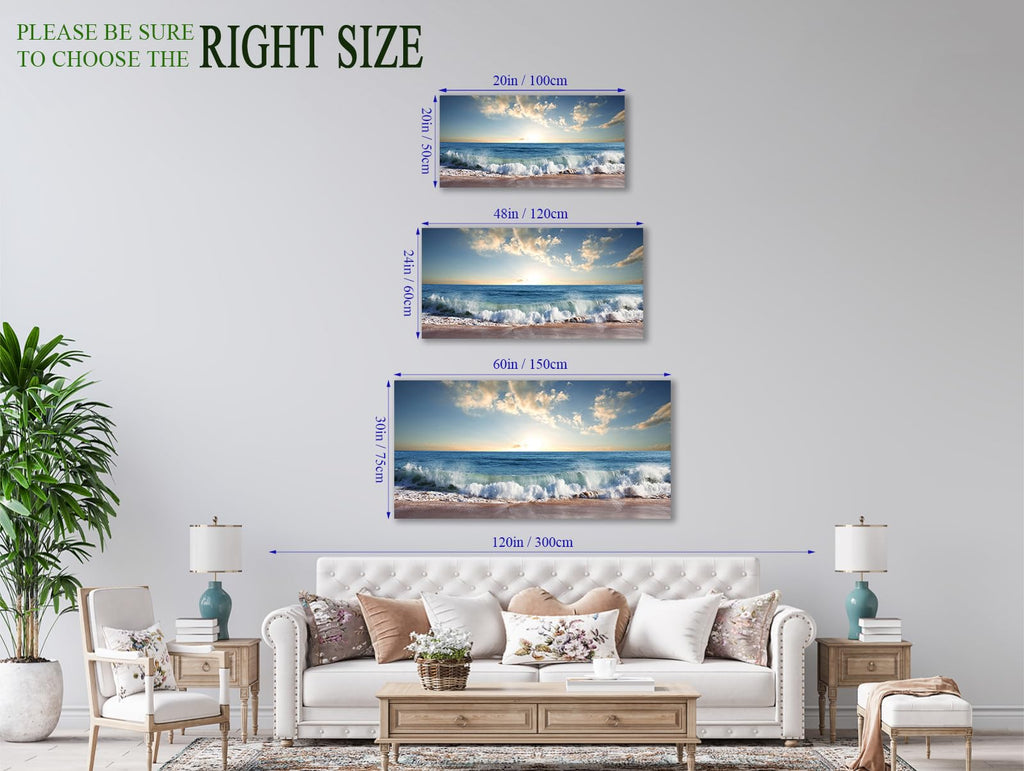 Beach Sunset Canvas Wall Art Blue Ocean Wave Nature Prints, 24"x48"