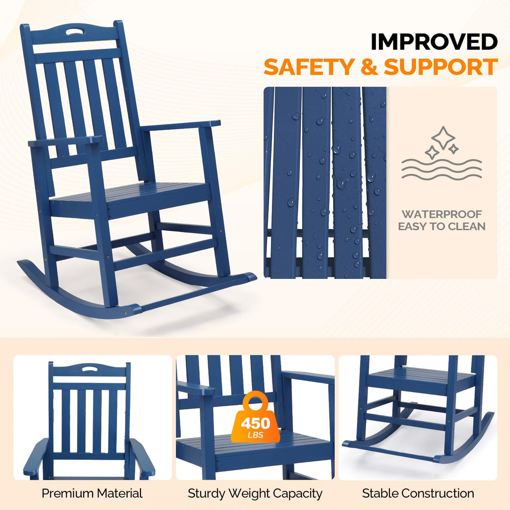 Outdoor Rocking Chair with Footrest, Wooden Rocker Set of 2, Blue