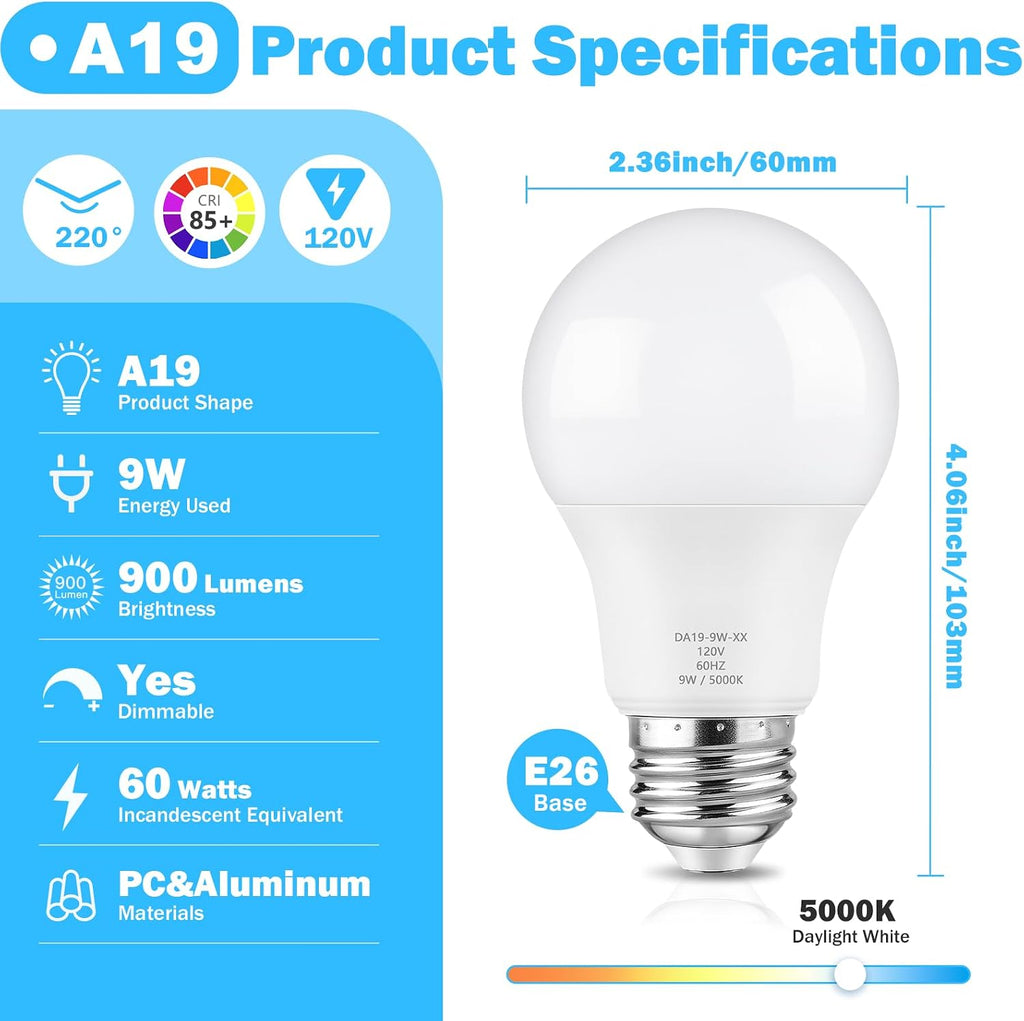 A19 LED Light Bulb 60W Equivalent, Dimmable 5000K Daylight White