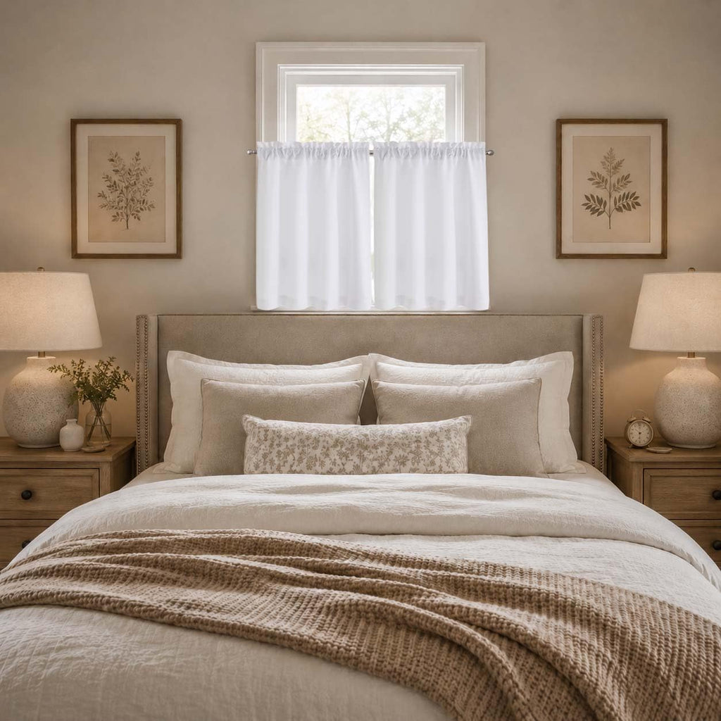 2 Panels White Kitchen Curtains 36 Inch Length Tier Curtain, Faux Linen Textured Small Cafe Curtain, Light Filtering