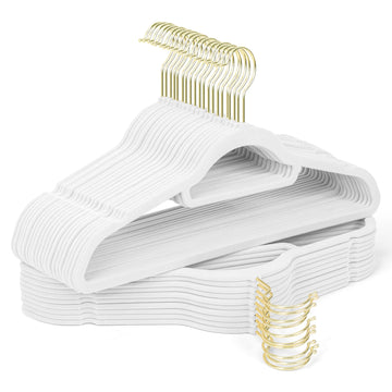 Velvet Hangers 30 Pack with Gold Hooks, Non-Slip Felt Clothes Hangers White