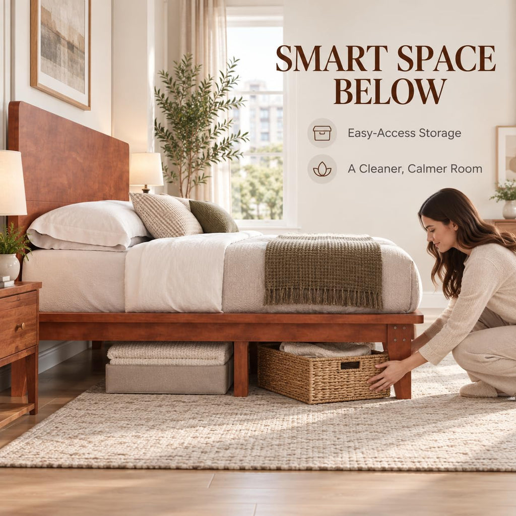 Japanese Wooden Bed Frame with Brown Headboard