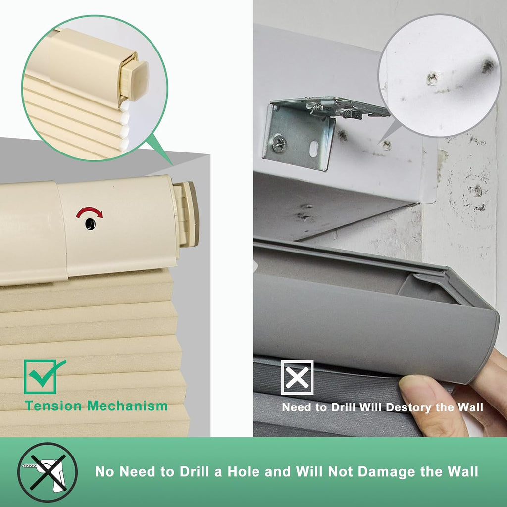 No Drill Cellular Shades for Indoor Windows, Thermal Insulating & Noise Reducing Honeycomb Blinds, Cordless Free Stop