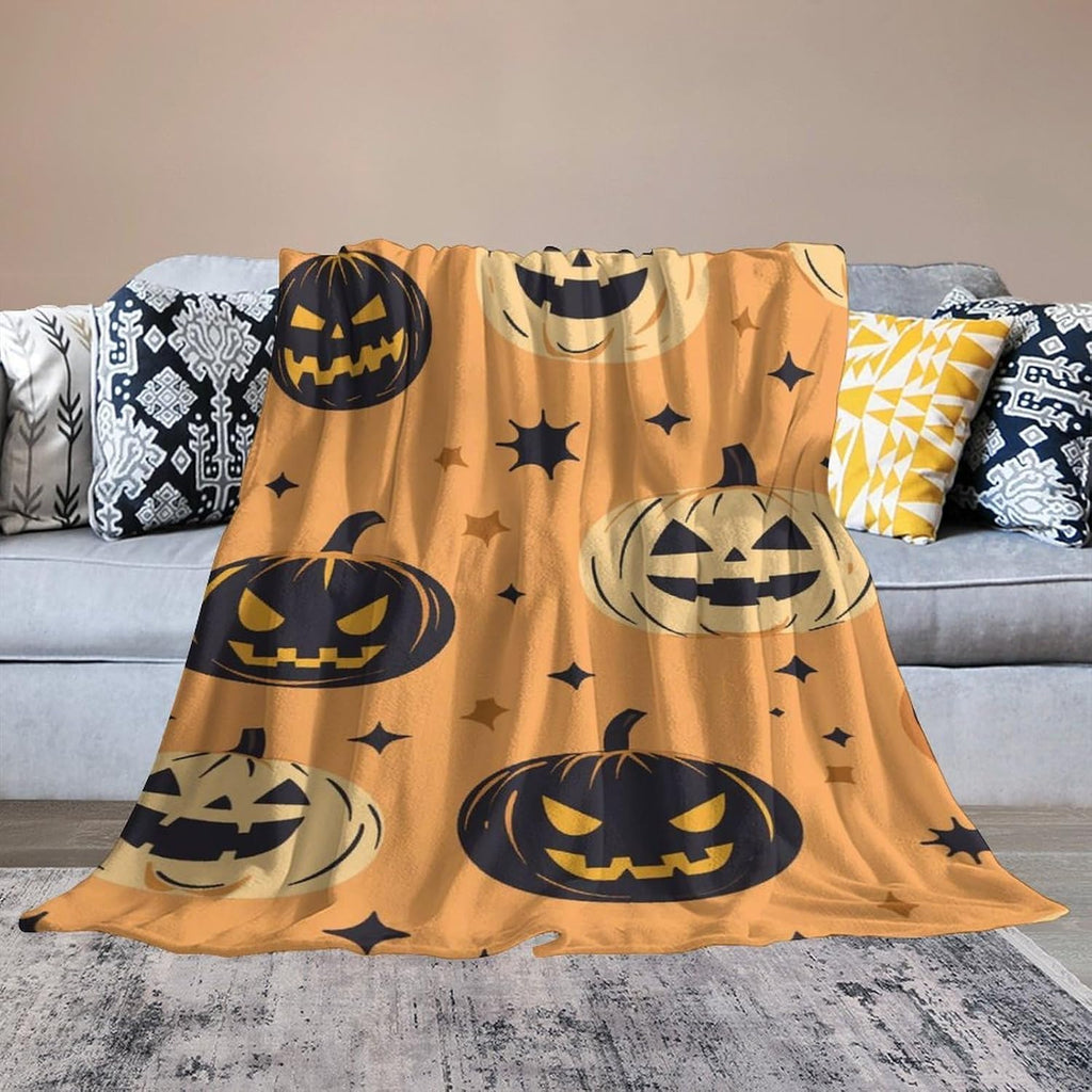 Farmhouse Checkered Pumpkin Vine Halloween Fleece Throw Blanket, Cozy Decor Blanket for Sofa Living Room Fall Holiday