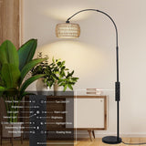 Arc Floor Lamps with 3 Color Temperatures, Black Standing Lamp with Remote & Dimmable LED Bulb, Rattan Boho Floor Lamp