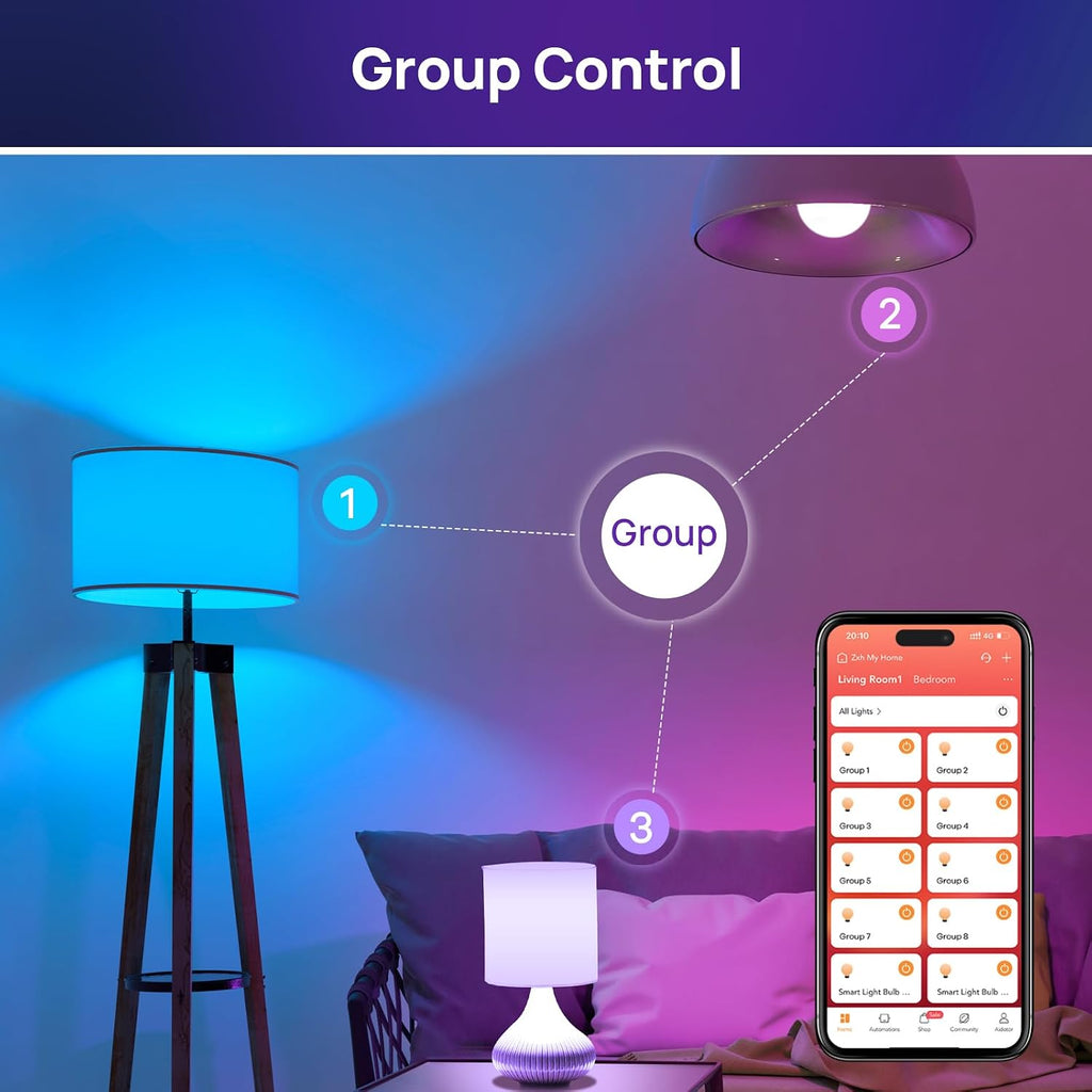 Smart LED Light Bulb, 60W Equivalent, Music Sync, Dimmable, 4 Pack