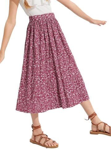 New Girls Floral Maxi Skirt Boho Flowy A-Line Summer Midi Skirt with Elastic Waist