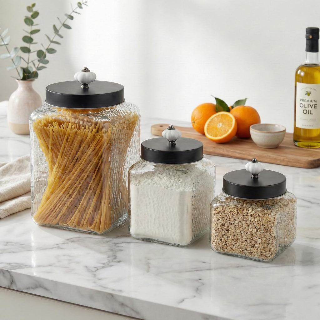 Clear Glass Kitchen Canisters Square Hammered, , 43/64/75oz - Set of 3