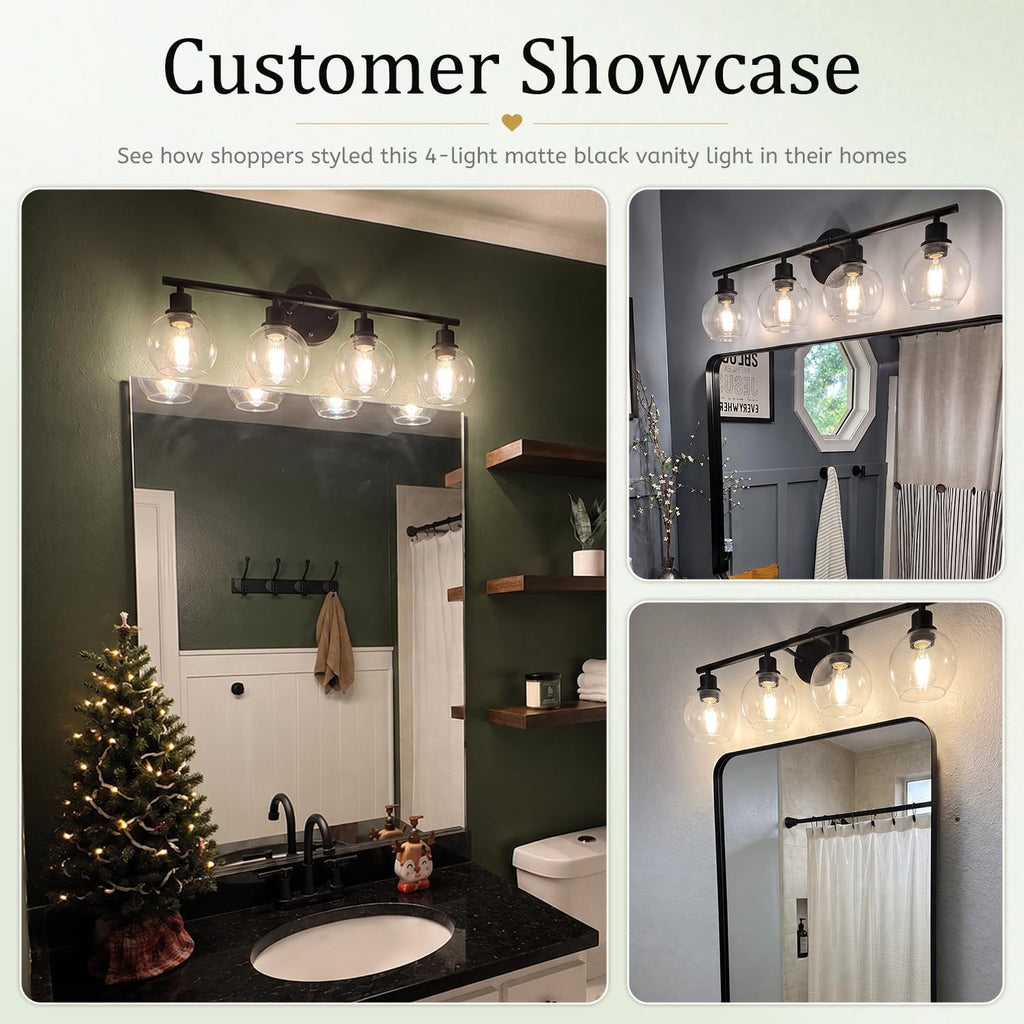 4-Light Bathroom Light Fixtures, Black Bathroom Lights Over Mirror with Clear Glass Globe Shade, Vanity Lights