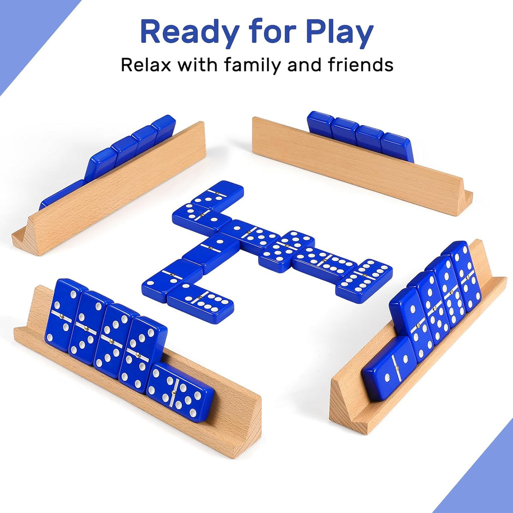 Dominoes Set for Adults with 4 Wooden Racks/Trays, Double Six Travel Portable Case 6 Tiles Holders, 28 Dominos Family - Set of 28