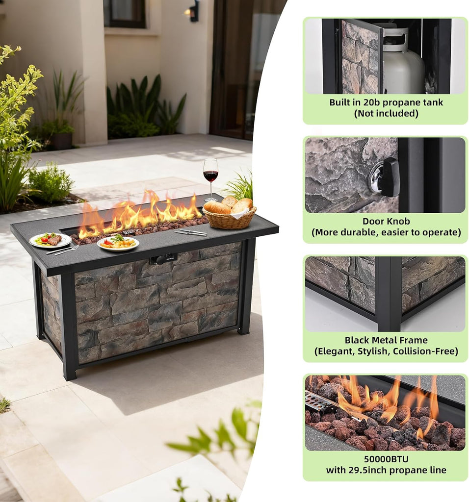 48 Inch Rectangular Propane Fire Pit Table, 50000 BTU, Metal Top | Stone-look Panels, with Metal Lid, Lava Rocks &