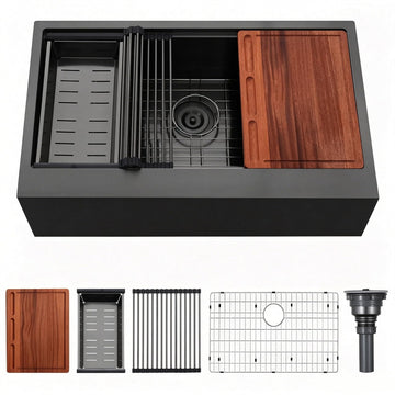 33 Inch Black Farmhouse Kitchen Sink, Undermount Ledge Farm Sink