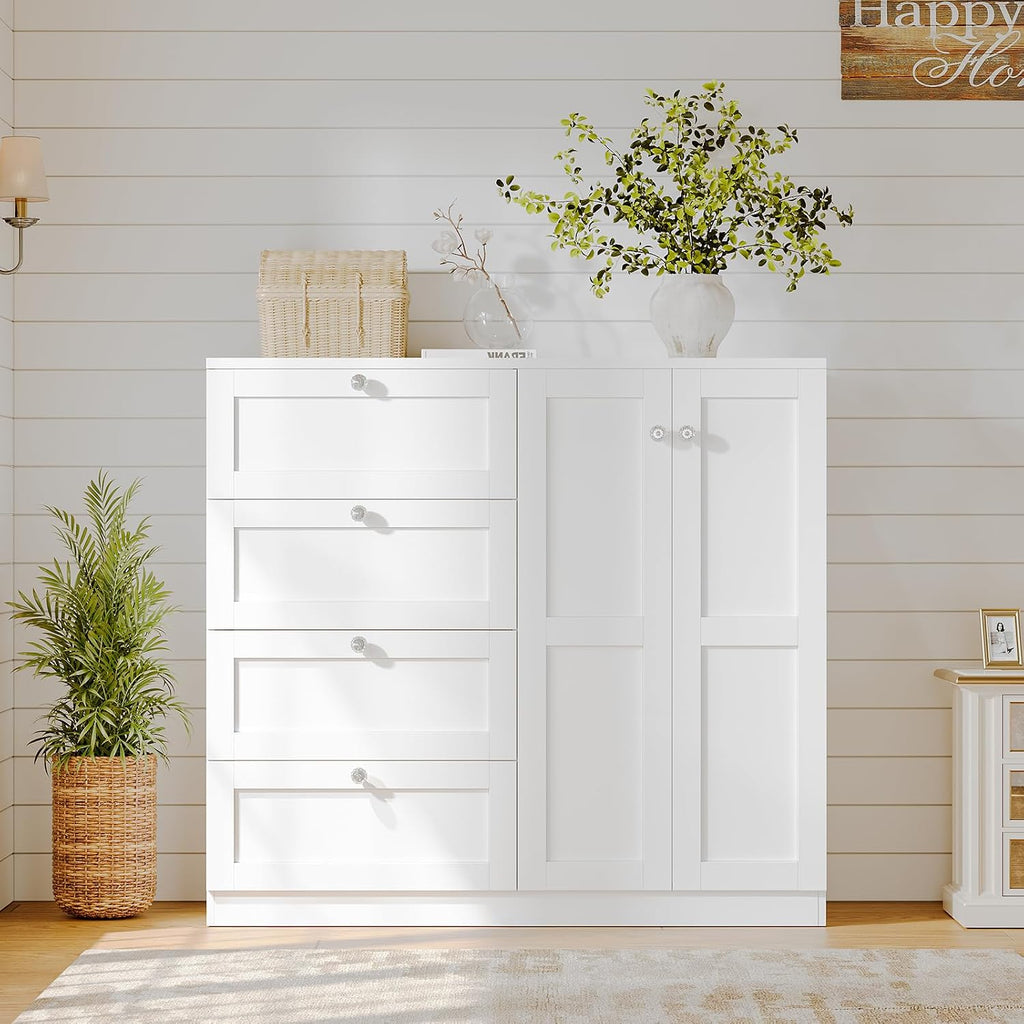 43''H Armoire Wardrobe Closet with 4 Drawers and 2 Doors | Small Clothing Storage Cabinet Dresser with Hanging Rod