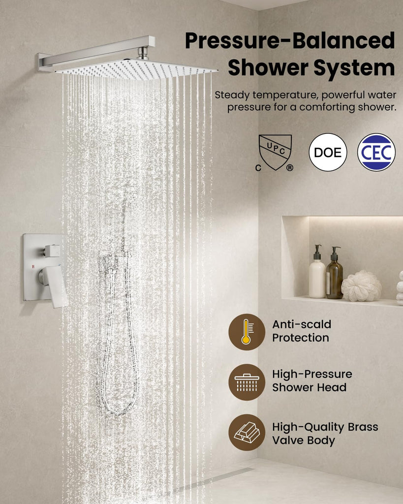 Shower Faucet Set with Handheld Spray Brushed Nickel, 12'' Head