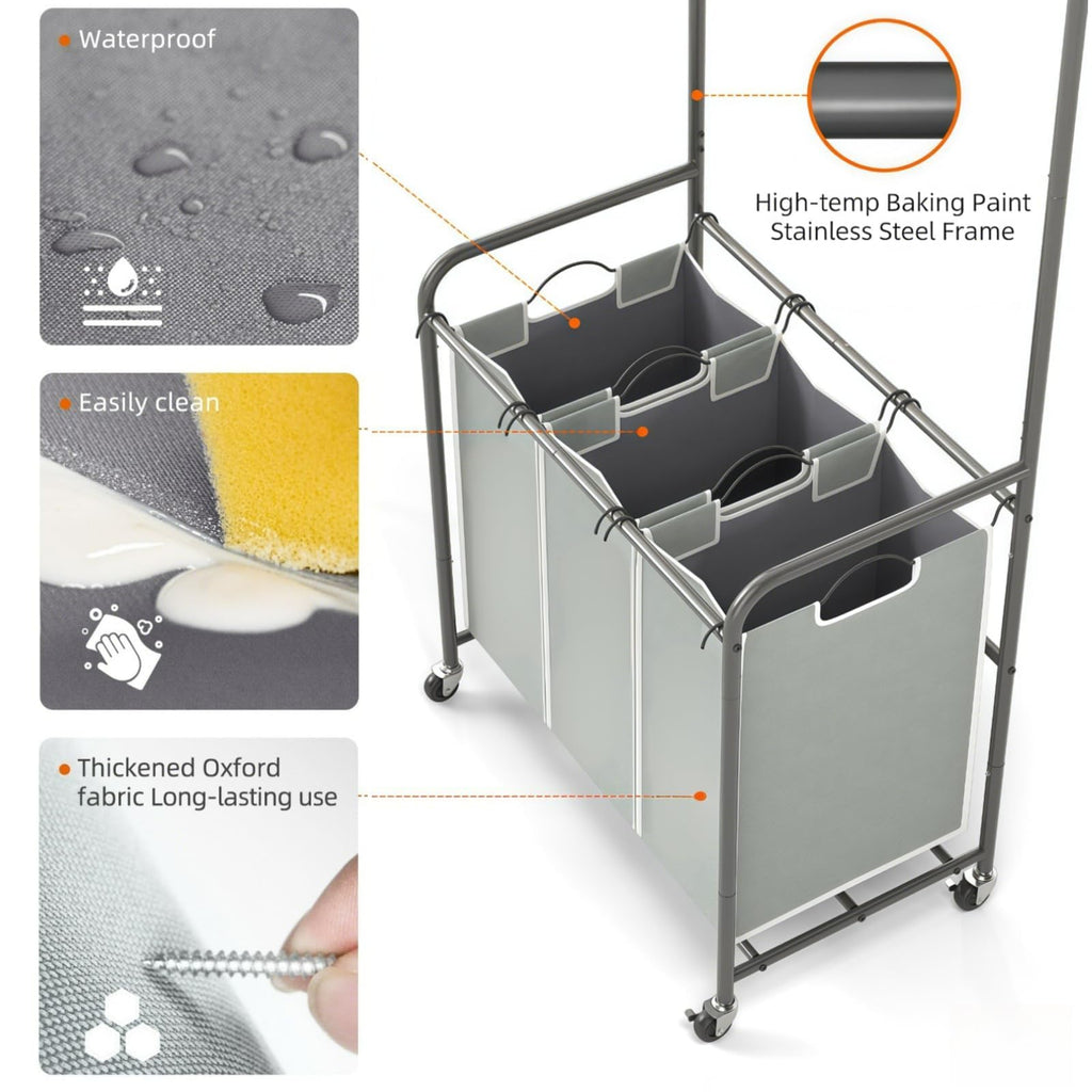 Laundry Sorter Hamper with Hanging Bar, 3 Section Laundry Cart