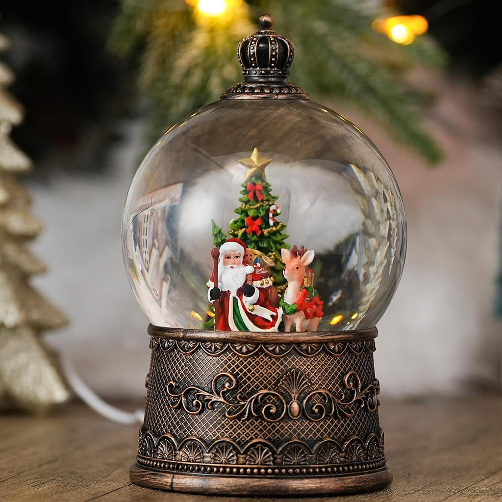 Snow Globe with Santa with Reindeer, Light Up Christmas Snow Globes with Music Timer - USB Plug or Battery Operated