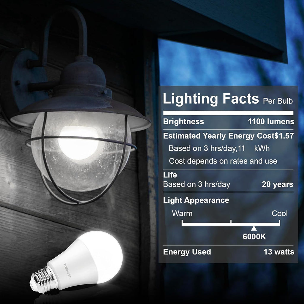 Outdoor Sensor Light Bulbs- No Timer Required, 13W(100W Equivalent), 6000K Cool White, E26 A19 Automatic Sensor LED