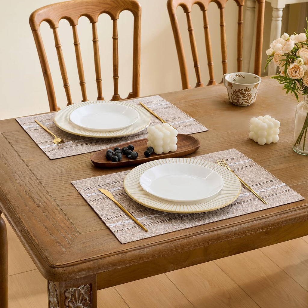 Linen Place Mats, Brown Embroidered Placemats Set of 4