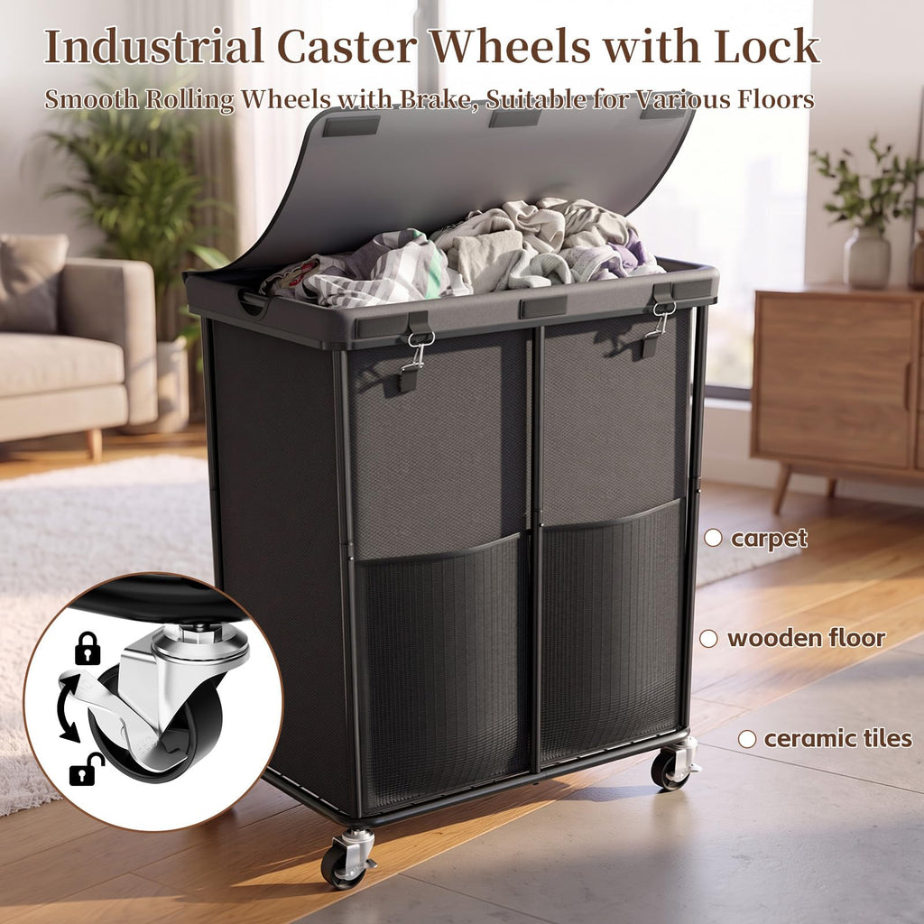 Hamper with Wheels and Lid, 225L Large Rolling Laundry Basket Gray