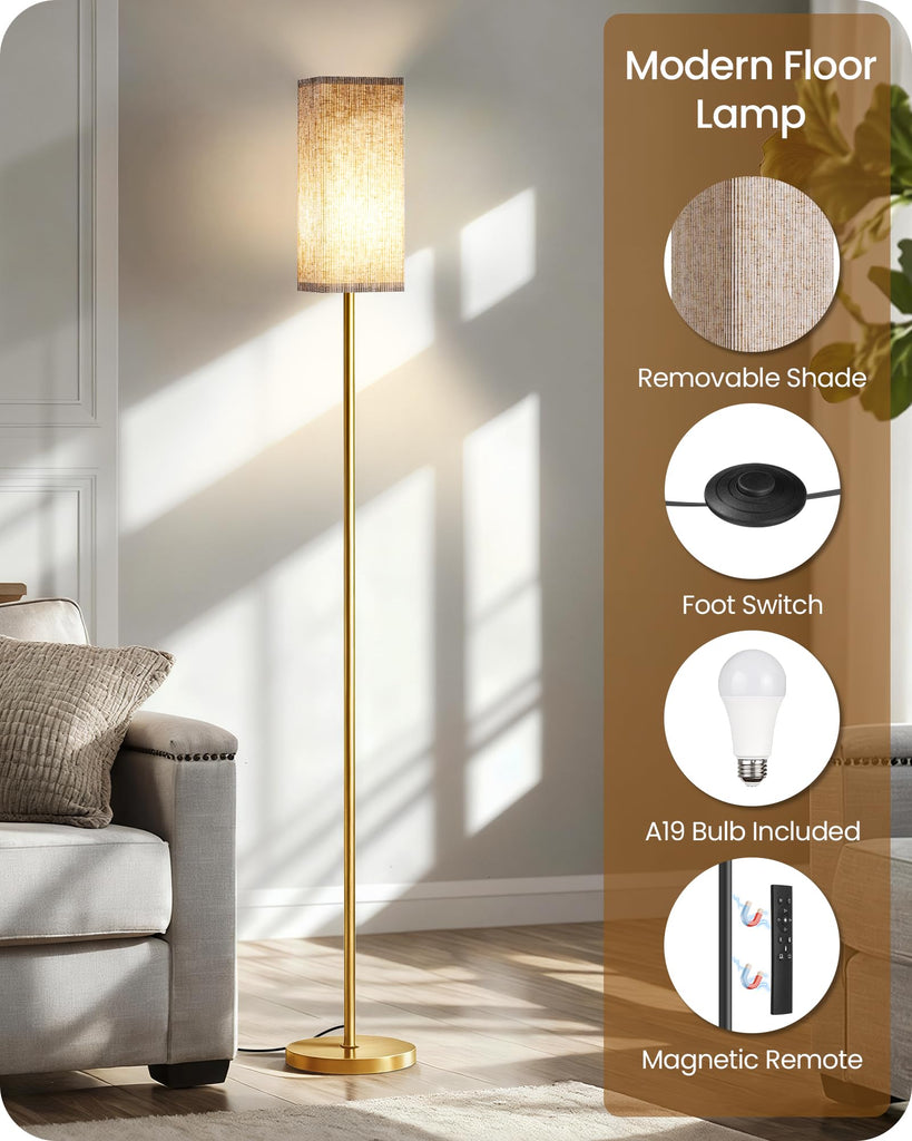 64.2" Dimmable Floor Lamp with Remote and Foot Switch, Corner Floor Lamp, Includes 10W A19 Bulb, Modern Standing