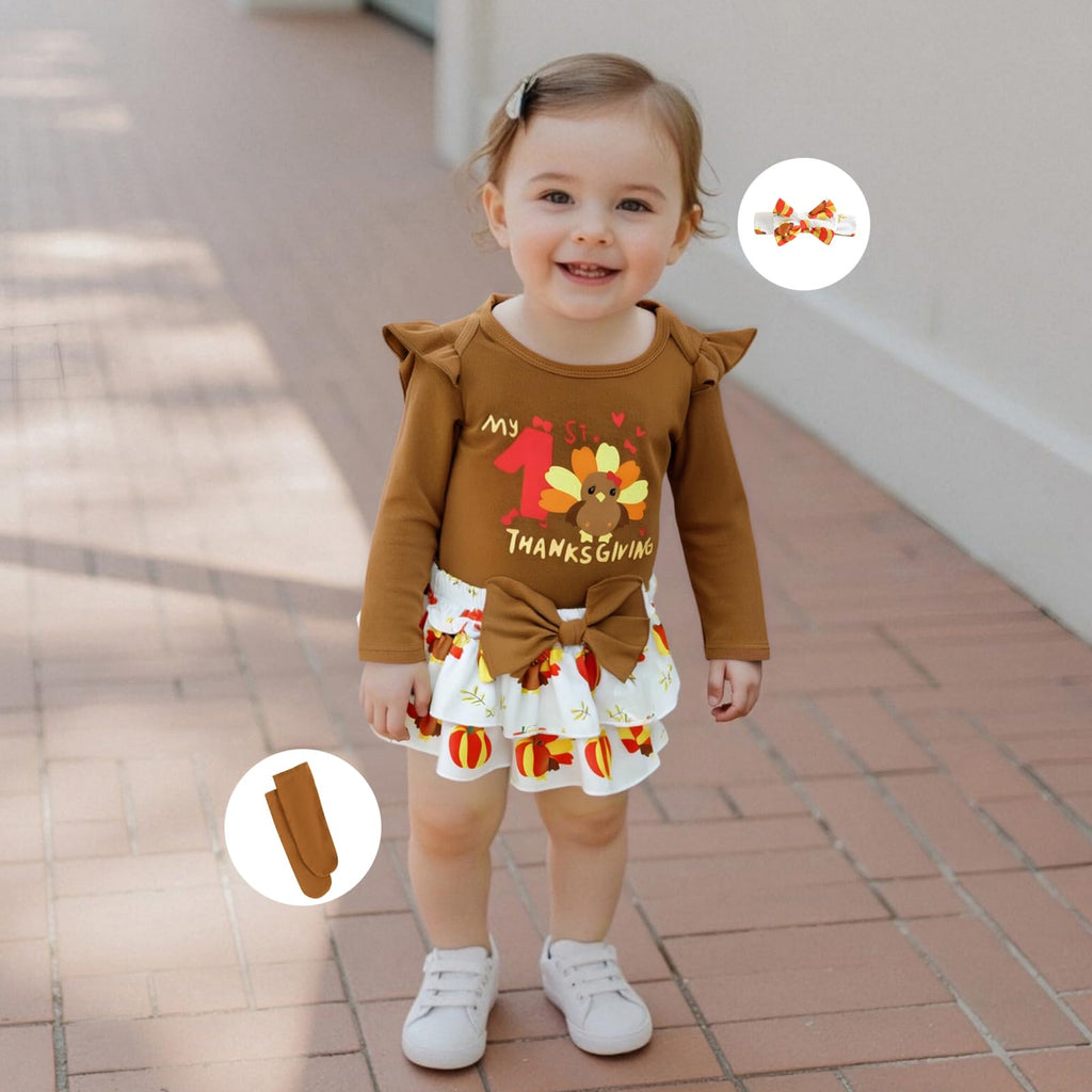 Newborn Baby Girl Thanksgiving Outfit Turkey Clothes Long Sleeve Romper+Bloomers Tutu Skirt+Socks+Headband 4Pcs