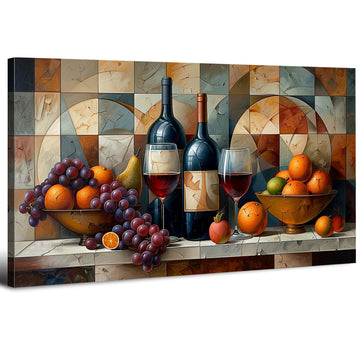 Abstract Kitchen Wall Art Decor Geometric Dining Room Wall Decor Red Wine Glass Canvas Prints Rustic Farmhouse Fruits