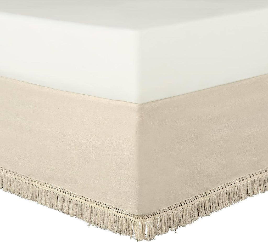 Boho Fringe 15-Inch Tailored Drop Easy Fit Bed Skirt Queen Size Single 60" W x 80" L +15" Neutral - Queen Bed Skirt