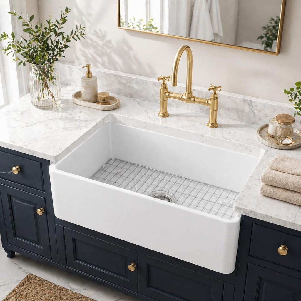 36 x 18 Inch Farmhouse Kitchen Sink, White Fireclay Apron Front Single Bowl Sink, Large Deep Kitchen Sink with 304