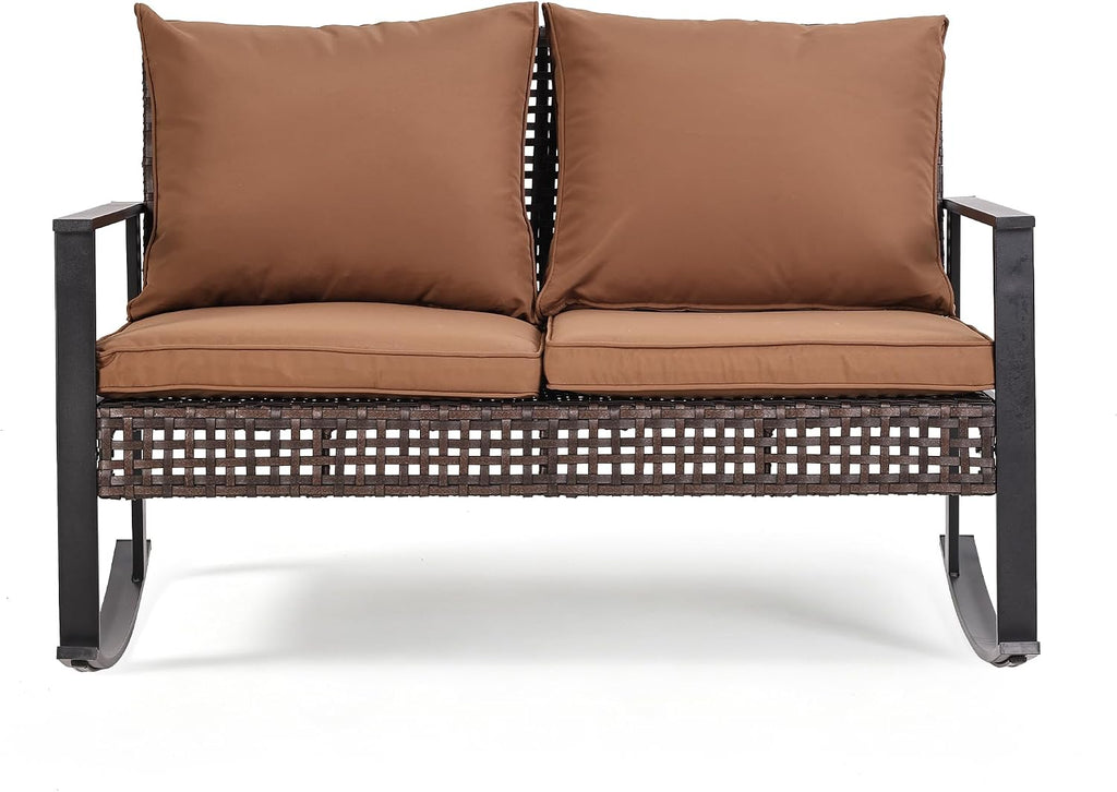 Outdoor Wicker Loveseat Rocking Chair, Patio Outdoor Furniture Conversation Sets, Rattan Rocker Chair with Cushions