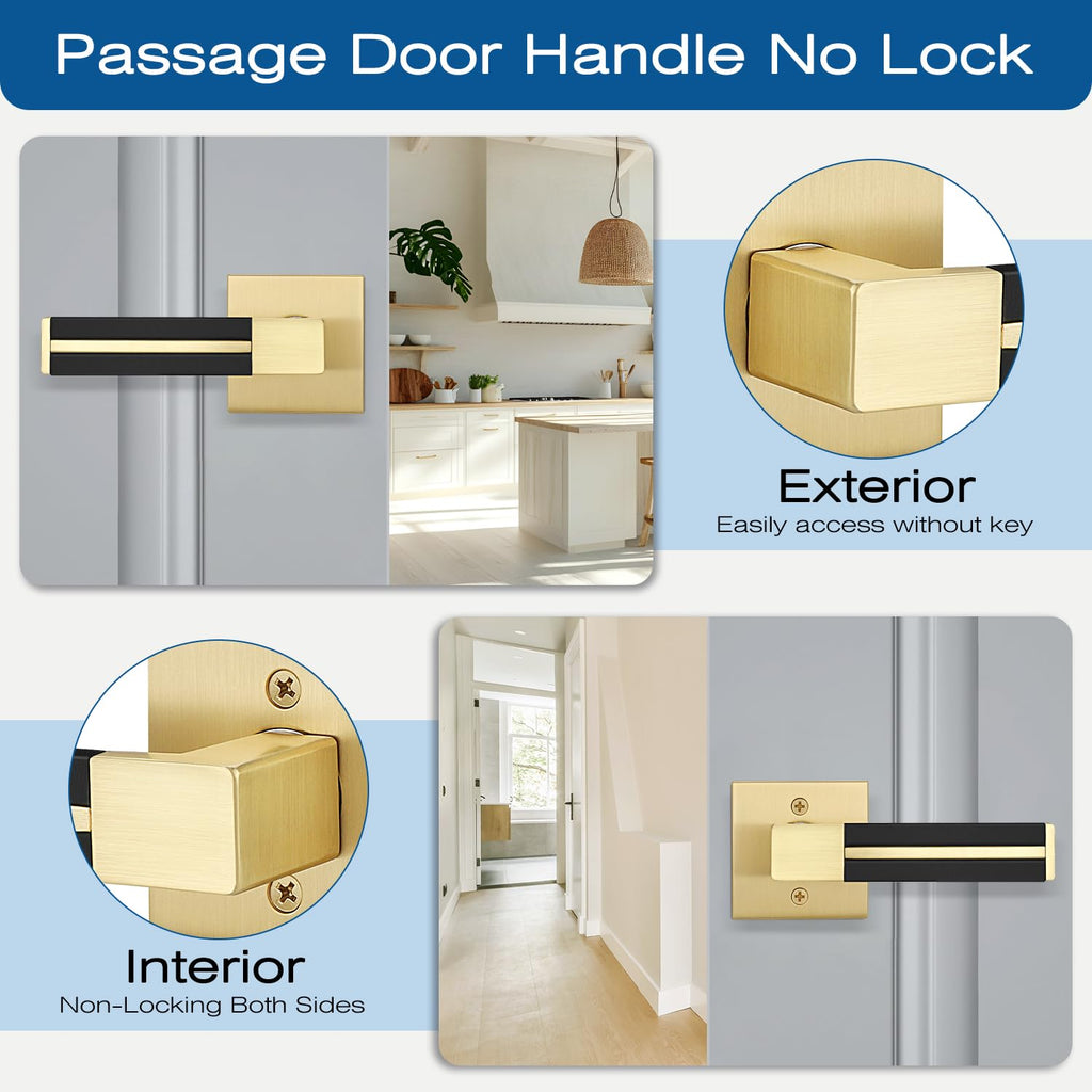 4 Pack Gold Door Handle with Black Leather, Passage Door Lever