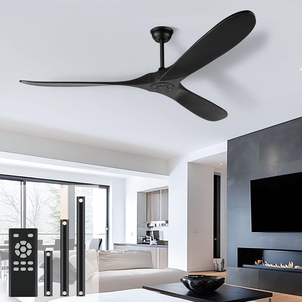 60 Inch Black Ceiling Fan No Light，Indoor Outdoor 3 Blade Wood Ceiling Fans Without Lights for Patios Bedroom Living