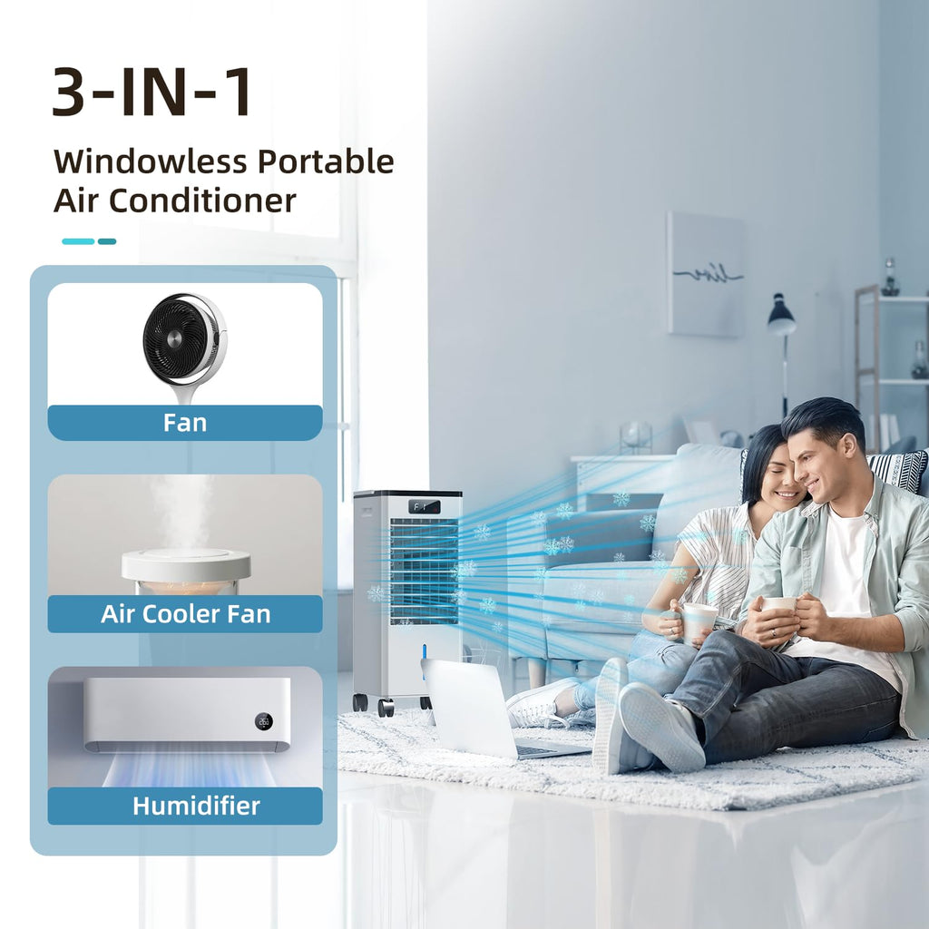3-in-1 Evaporative Swamp Cooler, Windowless Portable Air Conditioner with Remote, 4 Modes & 3 Speeds, 12H Timer, Child Lock