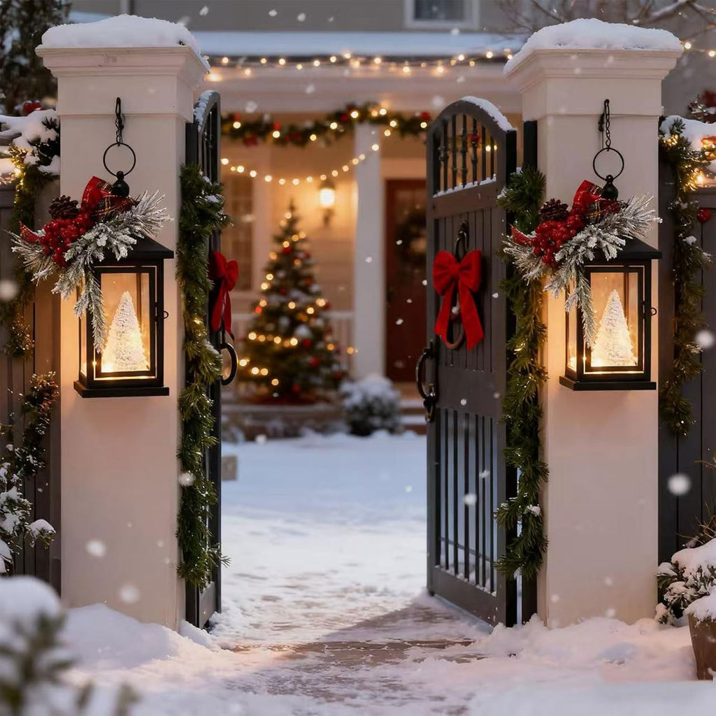 2Packs 14" Lighted Christmas Lanterns, Hanging Christmas Lantern Decorative with Snow-Covered Tree, Bow & Pine Cone