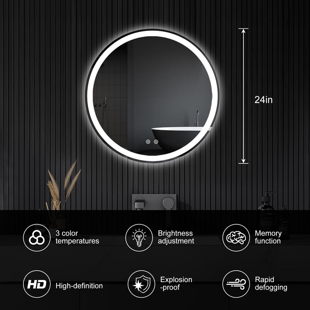 24 Inch Round LED Bathroom Mirror with Lights, Circle Vanity Mirror