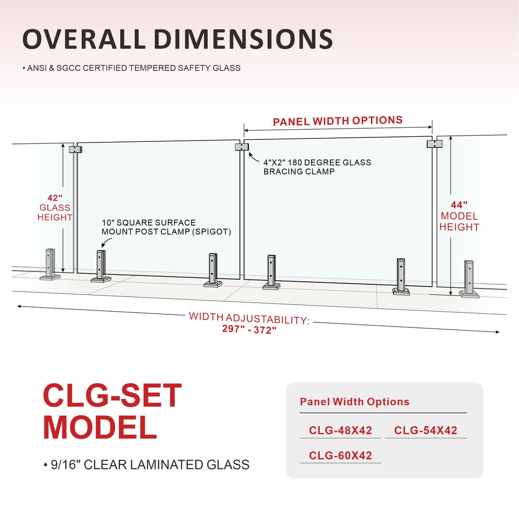 6-Panel Laminated Glass Railing System, 327-336" W x 44" H Deck Railing Kit