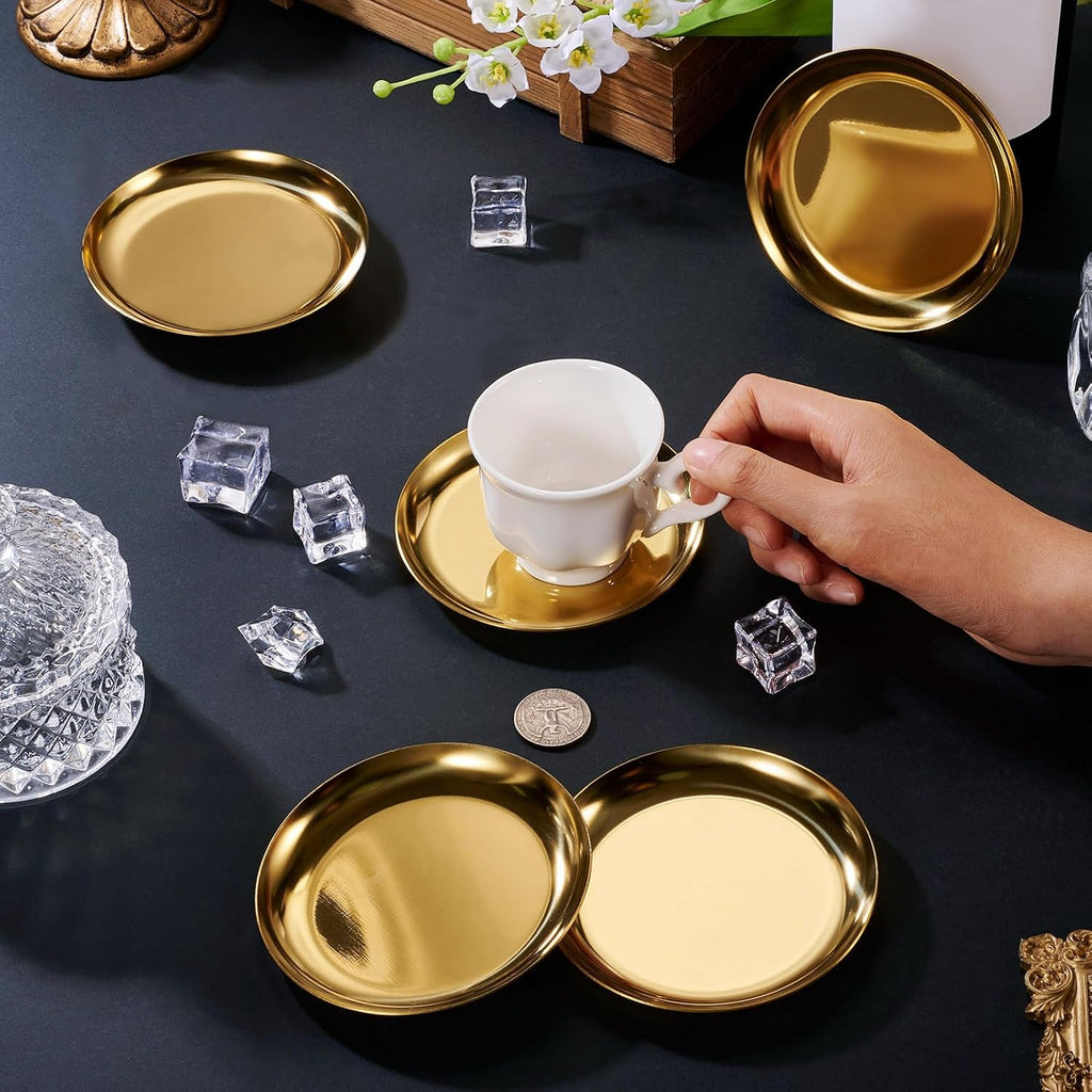 Gold Drink Coaster Stainless Steel Metal Cup Mat Flat Round MCM Style Gold Coasters for Wedding Drinks Coffee - Set of 6