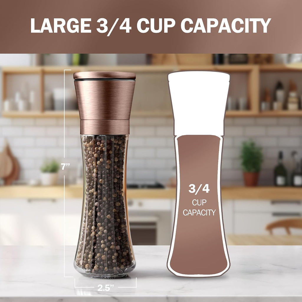 Original Copper Salt and Pepper Grinder - Adjustable Ceramic Grinder - Tall Glass Salt and Pepper Shakers - Set of 2