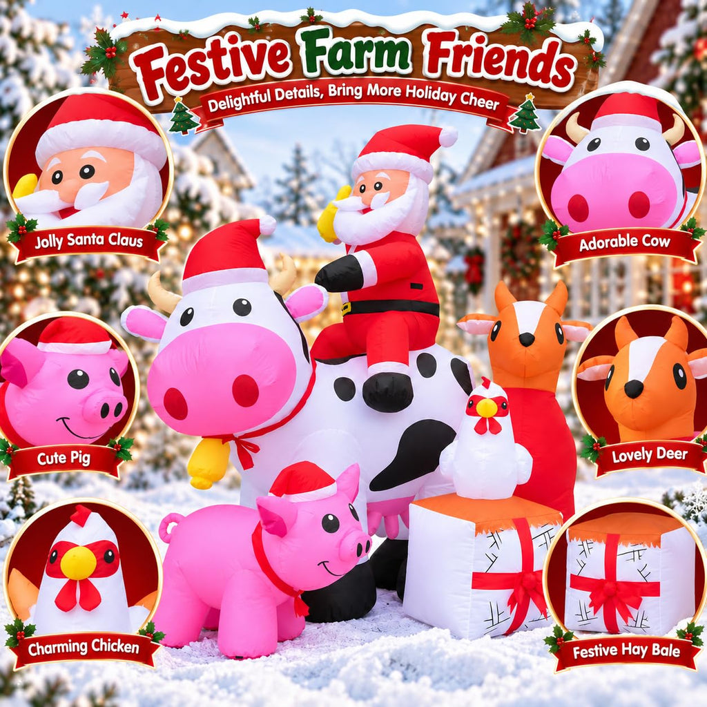 6FT Christmas Inflatables Santa Farm Scene with Blow Up Cow, Pig, Chicken & Gifts, LED Lighted Christmas Decorations