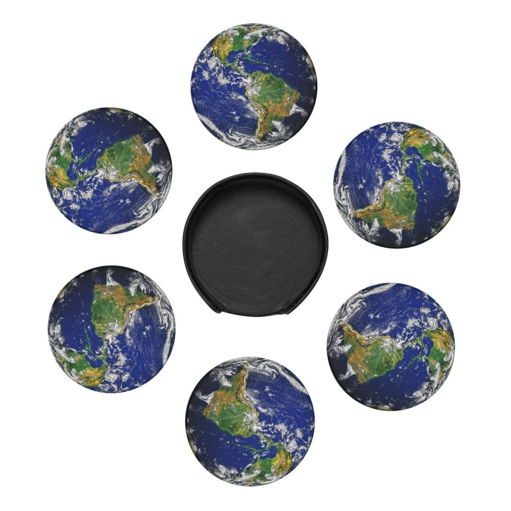 Planet Earth North And South America Map Coasters For Drinks Round Leather Coaster With Holder Set Of 6 For Tabletop