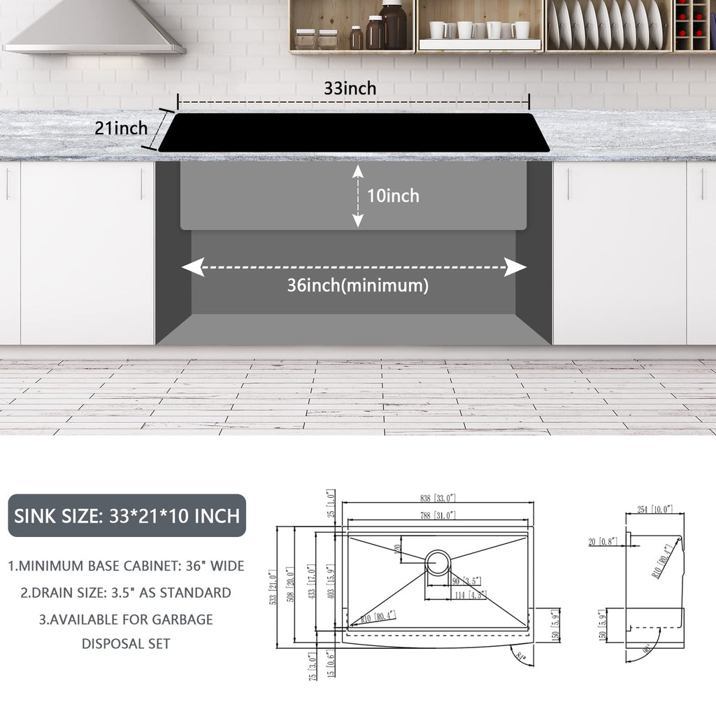 33 Inch Farmhouse Sink - Apron Front Kitchen Sink 16 Gauge Stainless Steel Workstation Ledge Deep Single Bowl Farm