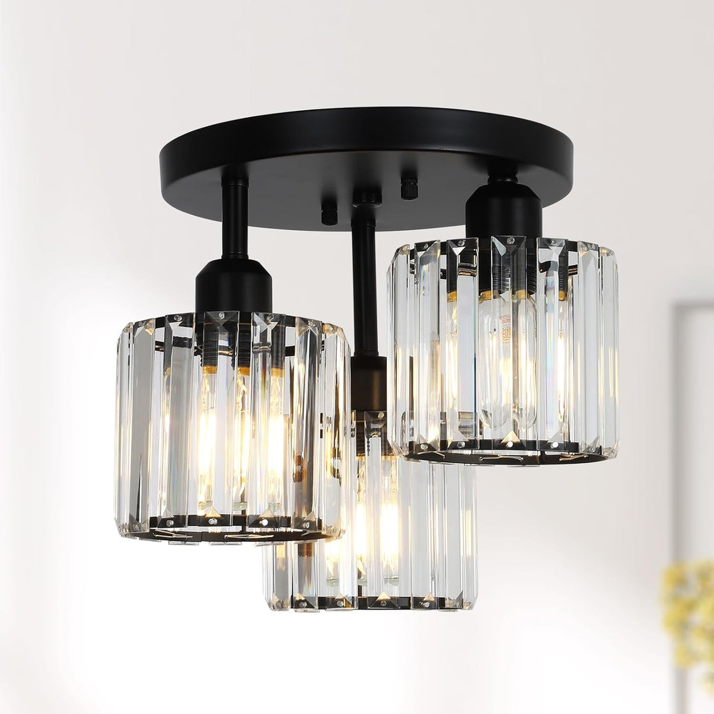 Crystal Semi Flush Mount Ceiling Light,3-Light Modern Close to Ceiling Light Fixtures,Black Kitchen Light Fixtures
