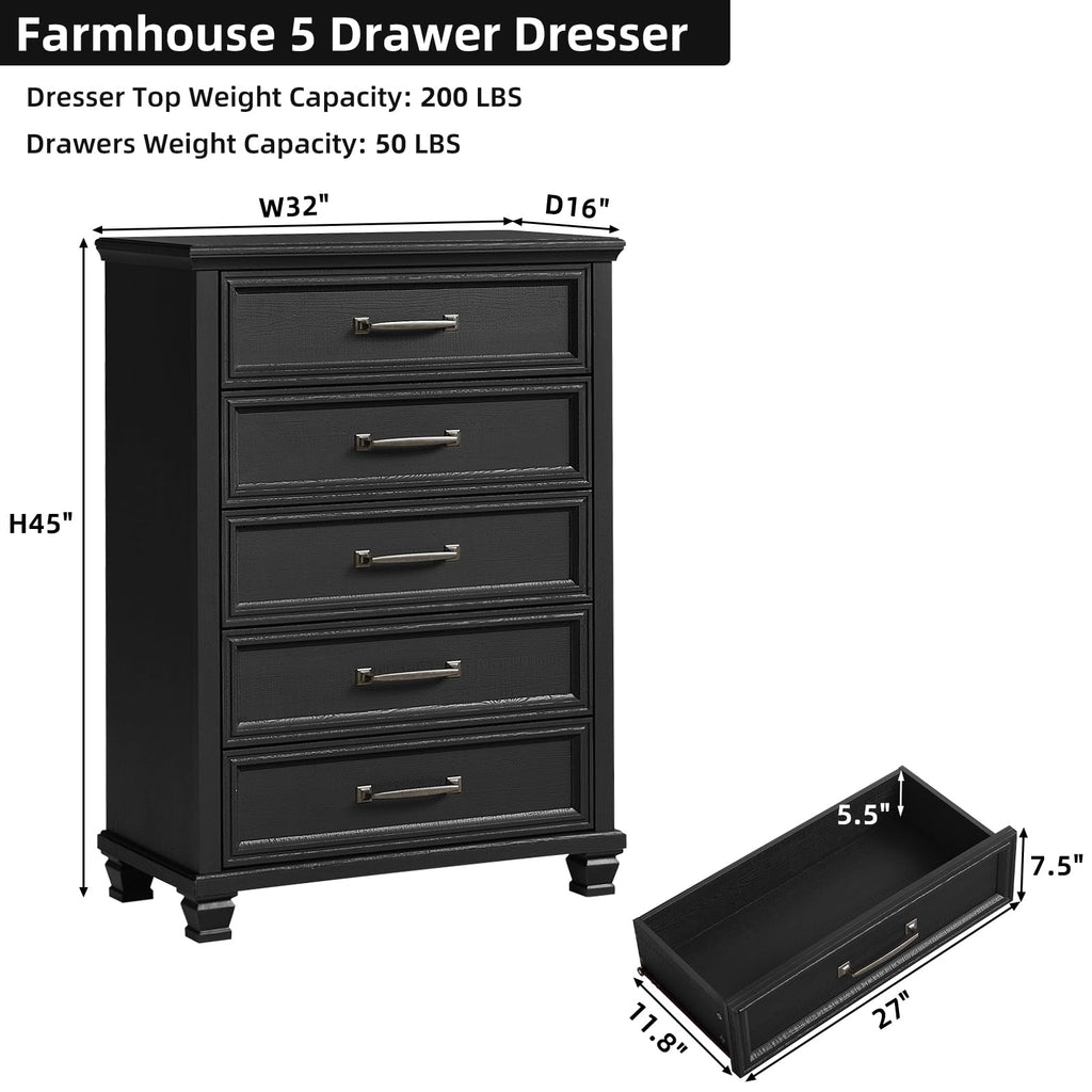 Farmhouse 5 Drawer Dresser, Black